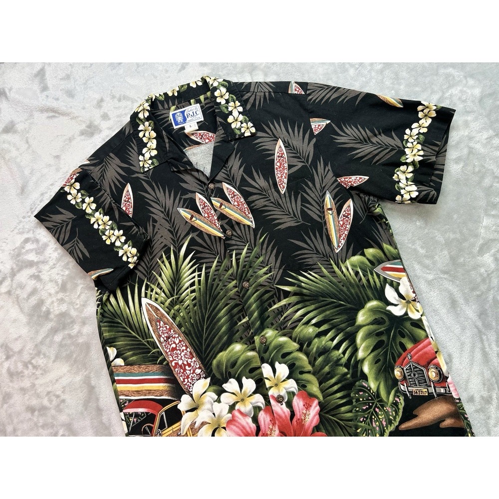 Vintage RJC All Over Print Button Up Hawaiian Shirt Mens Sz L Woodie Surf Aloha